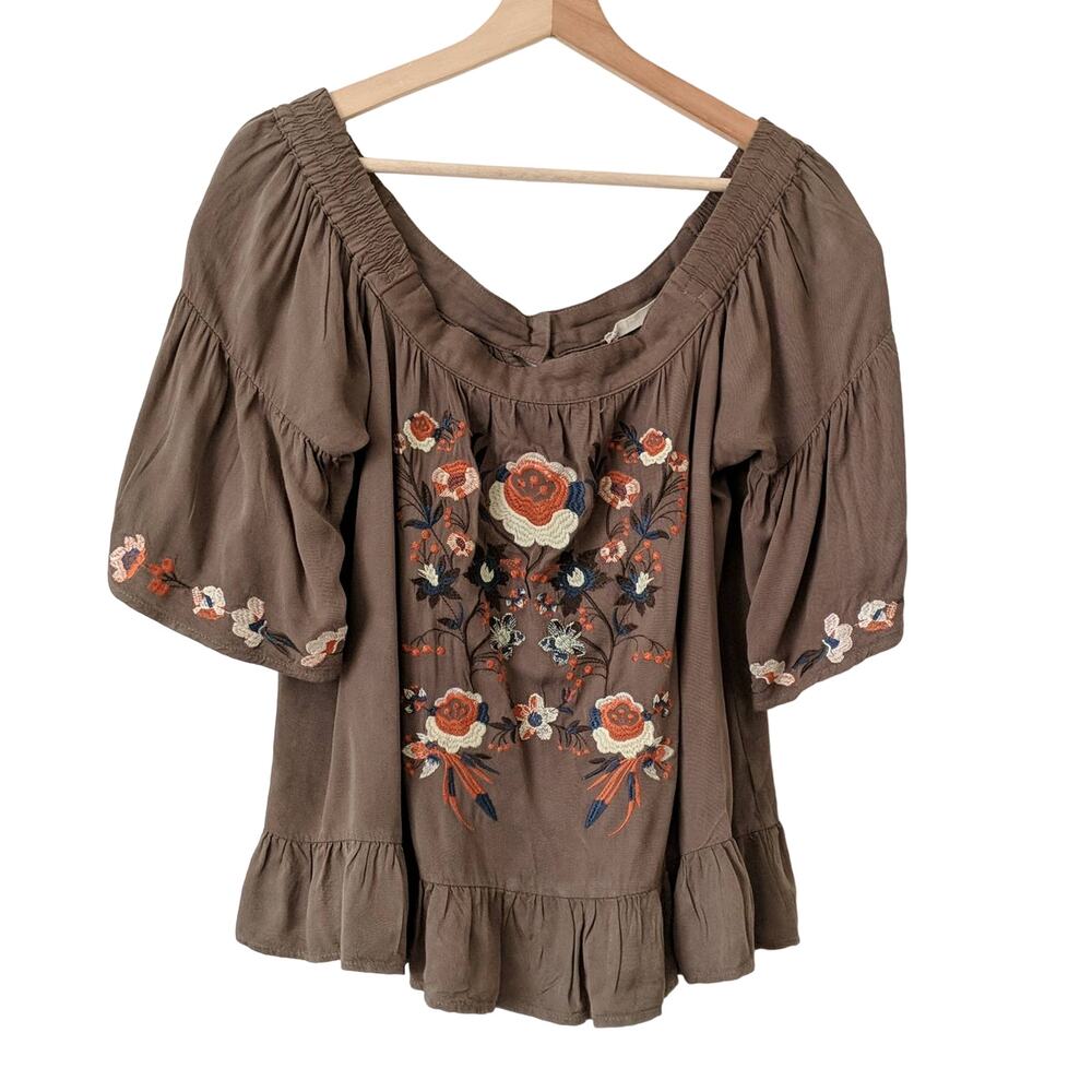 Altar'd State Top Olive Green Boho Off Shoulder Embroidered Floral Shirt Medium
